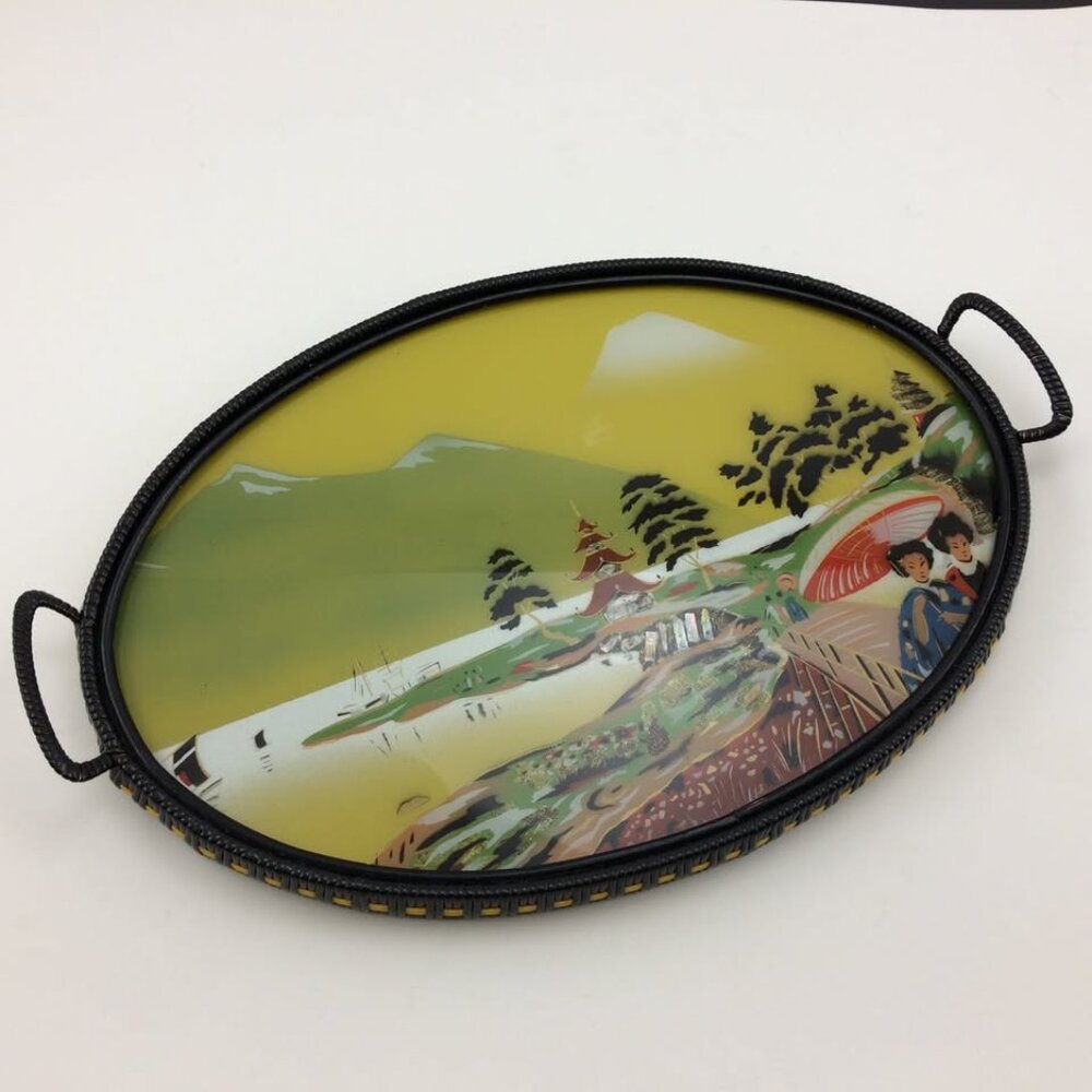 Vintage Reverse Painted Glass Asian Scenery Serving Tray Mother  of Pearl
